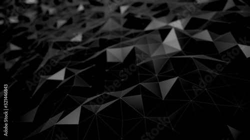 abstract background black dark low poly triangles . geometric shapes technical science wallpaper , glamour fashion sparkle of bloom defocus bokeh dots . raster render 3d 4k