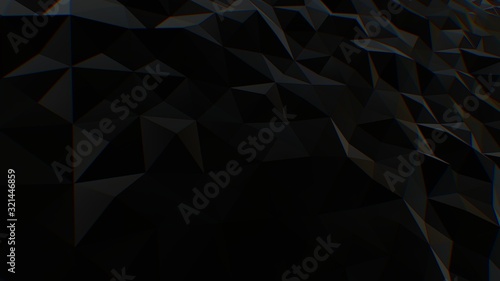 abstract background black dark low poly triangles . geometric shapes technical science wallpaper , glamour fashion sparkle of bloom defocus bokeh dots . raster render 3d 4k