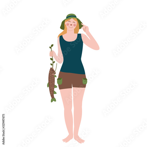 The fisherwoman with the salmon in her hand isolated on the white background, the flat style. The portrait of the young woman is holding the hat with her hand in full height.
