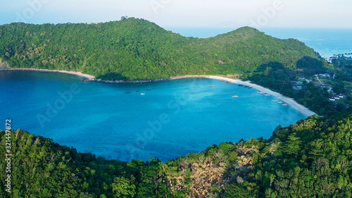 Phi Phi Don  Thailand. Aerial view of famous Nui Beach at sunset