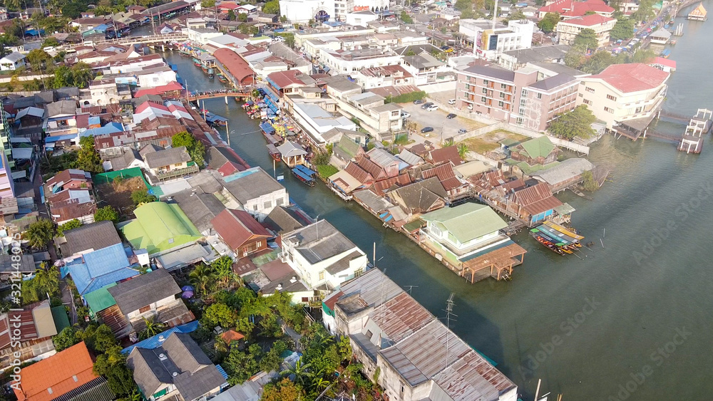 Aerial view of Amphawa Market, famous floating market near Bangkok, Thailand