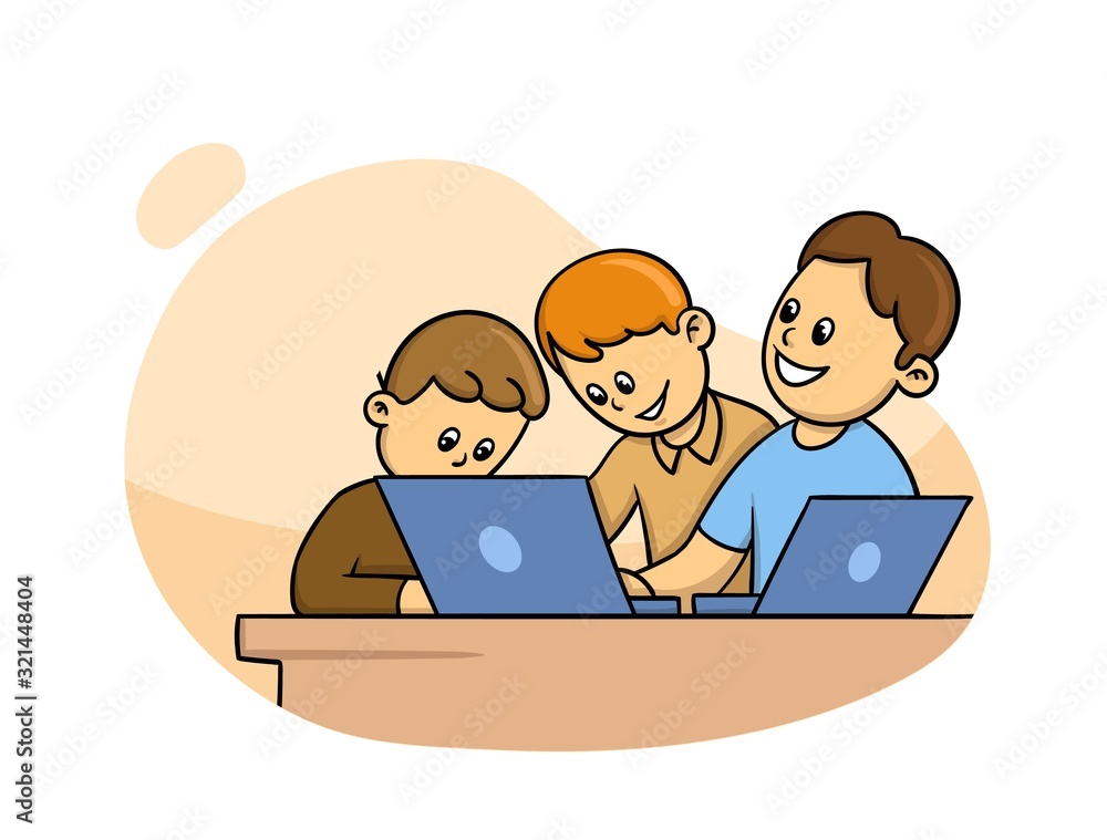 Students with laptop. Kids studying computer, playing laptop. Children and friends using a notebook. Colorful flat vector illustration. Isolated on white background. Students with laptop. Kids studying computer, playing laptop. Children and friends using a notebook. Colorful flat vector illustration. Isolated on white background.