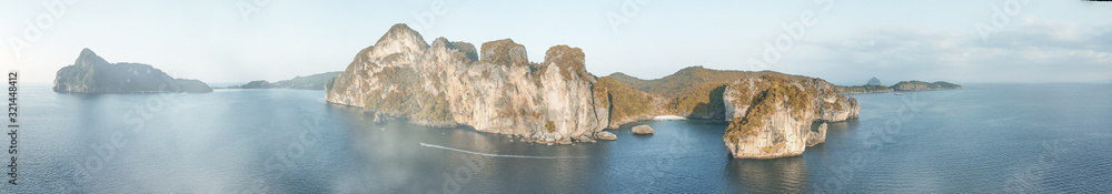 Amazing sunset aerial view of Nui Beach from drone. Ko Phi Phi Don, Thailand