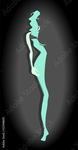 Abstract shaped silhouette of a turquoise woman. Black gradient background