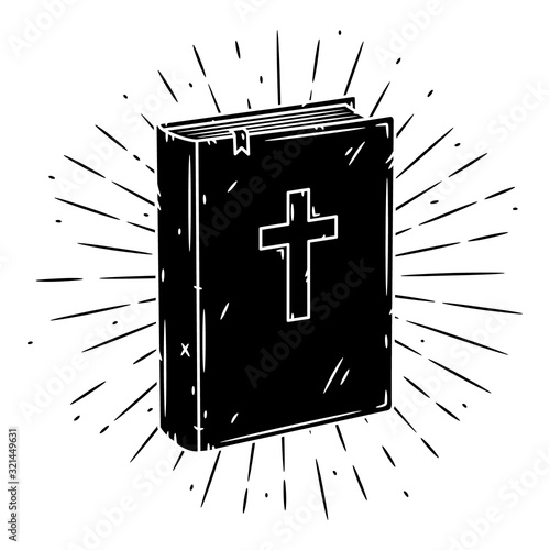 Bible book. Hand drawn vector illustration with Bible book and sunburst.