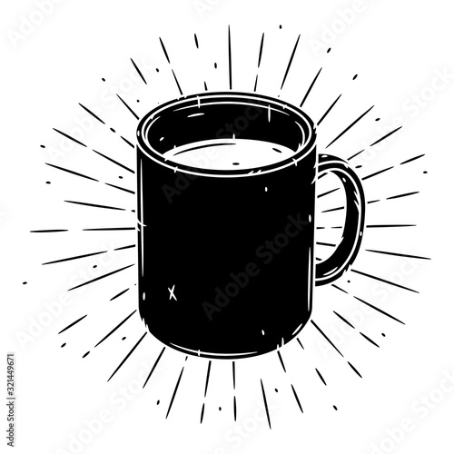 Mug. Hand drawn vector illustration with mug and sunburst. photo