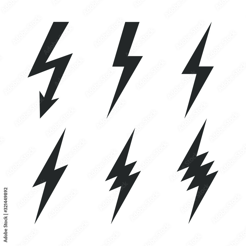 Lightning bolt graphic icons set. Flash of lightning signs isolated on white background. Vector illustration Lightning bolt graphic icons set. Flash of lightning signs isolated on white background. Vector illustration