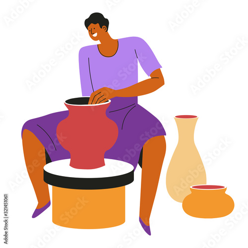 Potter making clay vases or pots, pottery and ceramics