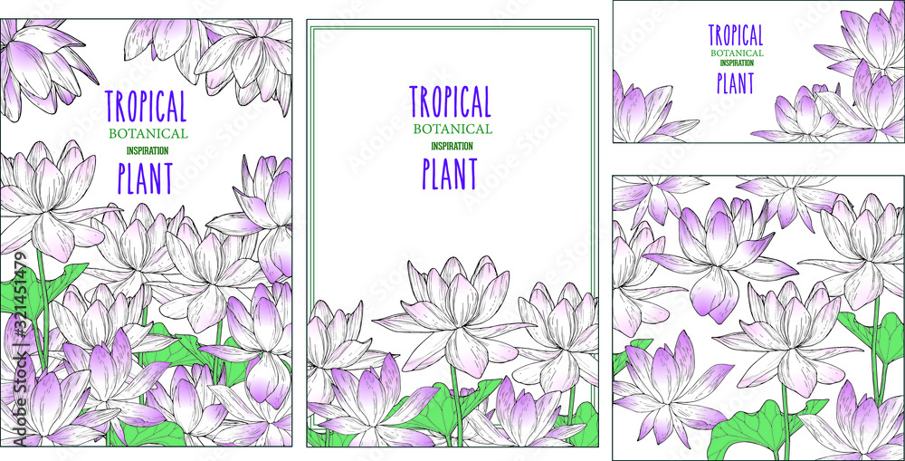 Beautiful floral set of elegant cards. Lotus flowers and leaves with place for your text.