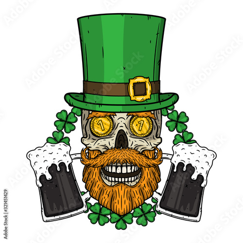 Irish skull. The skull of Saint Patrick's with green hat, glass beer and clover leaves.