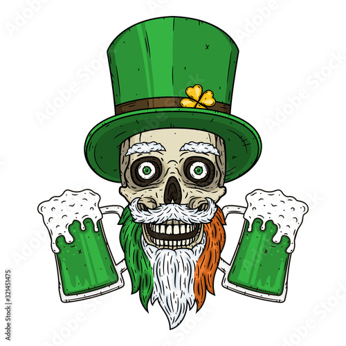 Irish skull. The skull of Saint Patrick's with green hat, glass beer and clover leaves.