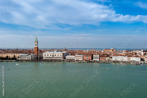 View from the sea to Venice with the Campanile di San Marco and the Doge's Palace, Italy