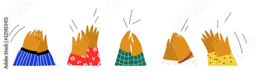 Set of people hands clapping. Applause, ovation, celebrating, rapture. Flat doodle illustration in cute cartoon style.