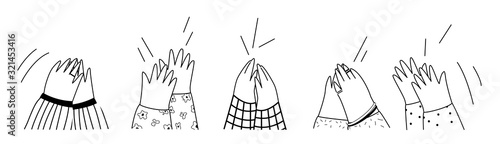 Set of people hands clapping. Applause, ovation, celebrating, rapture. Flat doodle illustration in cute cartoon style isolated on white background.