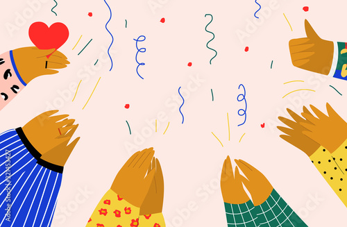 Set of people hands clapping, giving likes. Applause, ovation, celebrating, rapture. Flat doodle illustration in cute cartoon style, isolated.