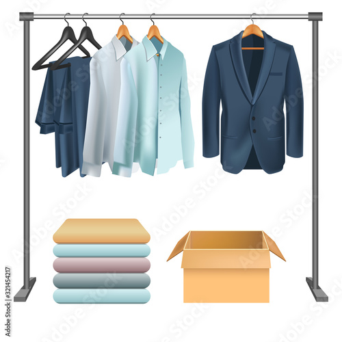 Metal clothes rack with men suit and shirts on hangers