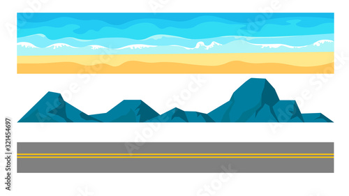 Landscape constructor set with ocean beach sand and highway road