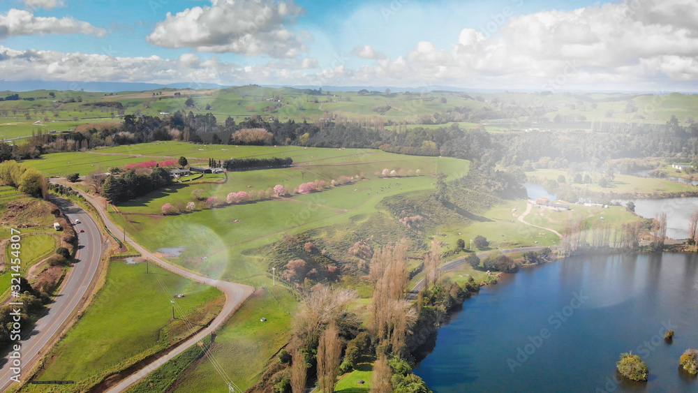 New Zealand aerial view. Meadows and river