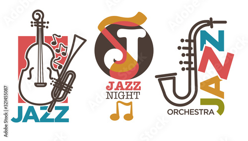 Jazz logo set with saxophone and double bass guitar icons