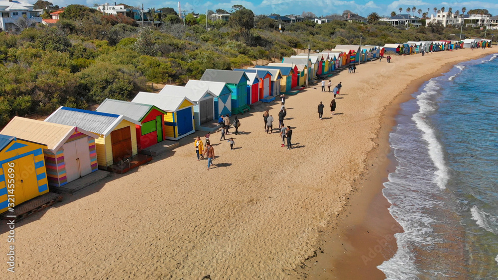 Aerial view of Brighton Beach Colourful Huts, Victoria, Australia