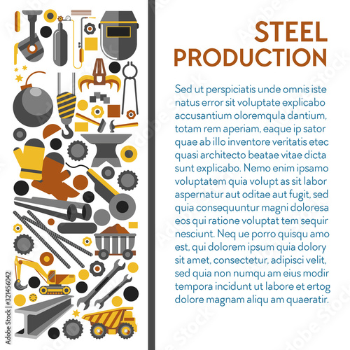 Steel production industry banner, metal products and tools