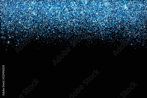 Confetti in shades of Classic Blue border isolated on black. Falling sparkles dots. Shiny dust vector background. The color of 2020 year. Shades of blue glitter texture effect. Easy to edit template.