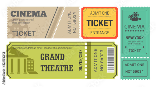 Theater and cinema tickets, admission or pass, play and movie