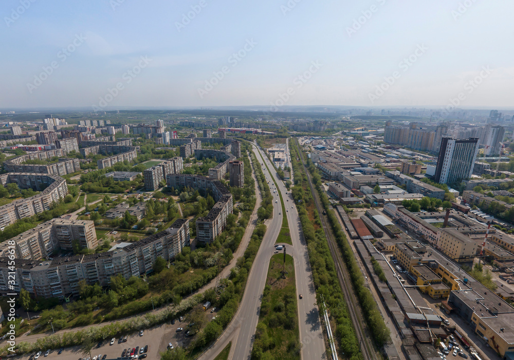 ZHBI district and idustrial zone in Yekaterinburg city, Russia. Aerial, summer, sunny