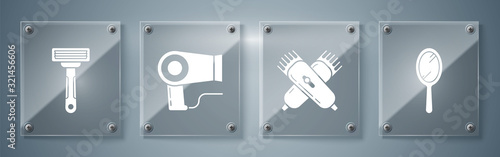 Set Hand mirror, Crossed electrical hair clipper or shaver, Hair dryer and Shaving razor. Square glass panels. Vector