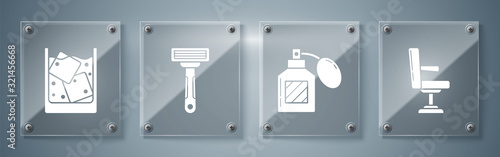 Set Barbershop chair, Aftershave, Shaving razor and Glass of whiskey and ice cubes. Square glass panels. Vector