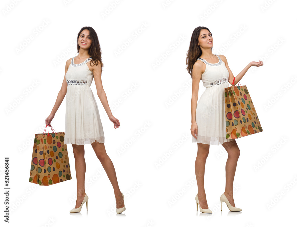 Woman with shopping bags isolated on white Woman with shopping bags isolated on white