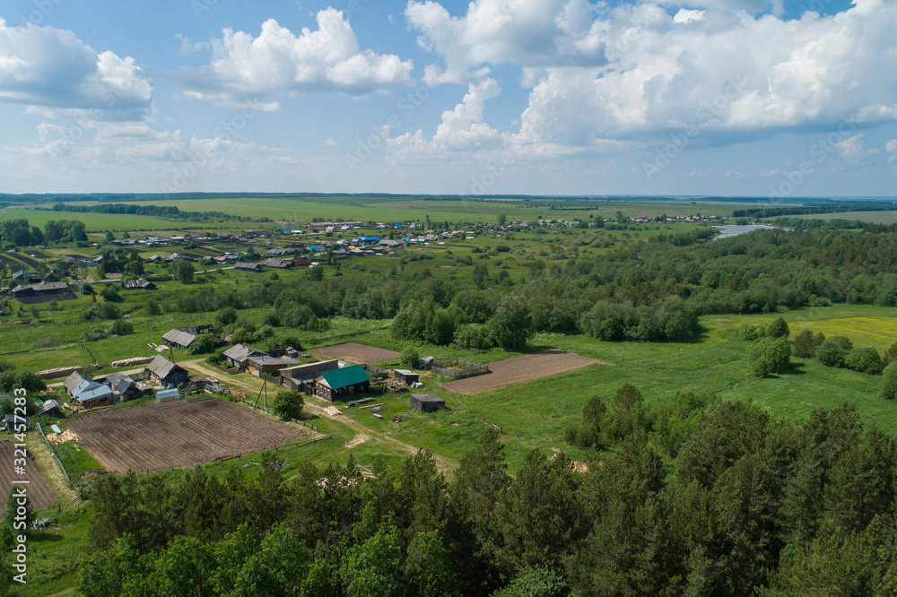 Kaygorodskoe village, Houses and gardens. Russia, Sverdlovsk region. Aerial, summer, sunny