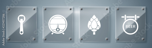 Set Street signboard with inscription Beer, Hop, Wooden barrel on rack with stopcock and Bottle opener. Square glass panels. Vector