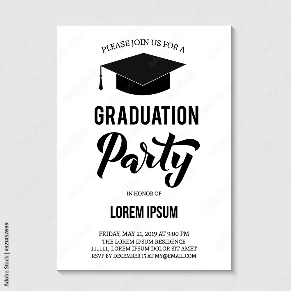 Graduation party invitation card template. Black and white grad party invite. Graduation celebration announcement. Vector illustration.