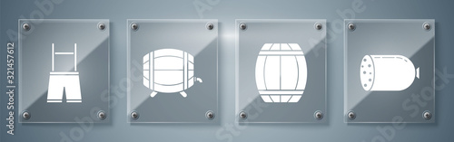 Set Salami sausage, Wooden barrel, Wooden barrel on rack with stopcock and Lederhosen. Square glass panels. Vector