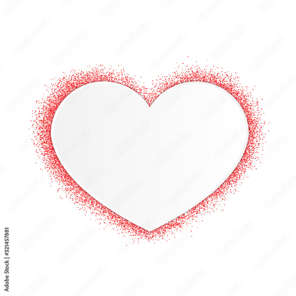 White paper heart and red glitter dots confetti. Valentines day vector illustration. Easy to edit template for banner, poster, tag, label, t-shirt, greeting card, etc.