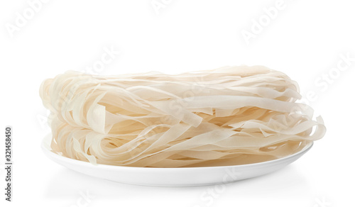 Plate with rice noodles isolated on white