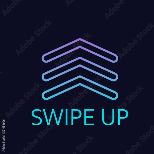 Swipe Up blue purple gradient neon arrow button isolated on dark background. Icon or sticker for social media applications or websites. Call for action. Easy to edit vector template.