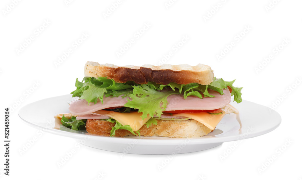 Tasty sandwich with ham isolated on white Tasty sandwich with ham isolated on white