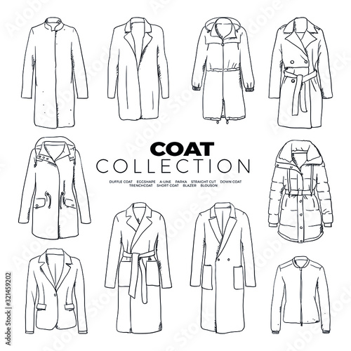 Doodle set of Coat Collection – Duffle Coat, Eggshape, A-Line, Parka, Straight Cut, Down Coat, trenchcoat, Short Coat, blazer, Blouson, hand-drawn. Vector sketch illustration isolated white backgroun