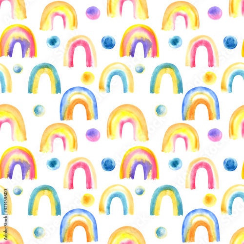Watercolor seamless pattern with hand painted watercolor rainbows. Stock illustration, wrapping paper, fabric wallpaper print texture