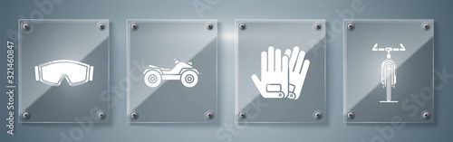 Set Bicycle, Gloves, All Terrain Vehicle or ATV motorcycle and Ski goggles. Square glass panels. Vector
