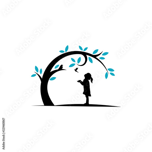 Girl playing with birds under tree, , Logo Template isolated on white