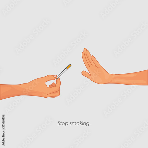 Stop smoking concept. Closeup of hand refusing to take cigarette. Man holding a cigarette on white or grey background. Quit smoking. Health care poster - Simple flat character vector illustration.