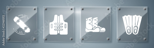 Set Rubber flippers for swimming, Boots, Life jacket and Skateboard trick. Square glass panels. Vector