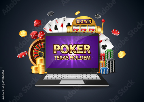 Online Poker casino banner with a computer, Vector illustration