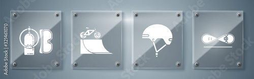 Set Skateboard trick, Helmet, Bicycle on street ramp and Diving mask and aqualung. Square glass panels. Vector