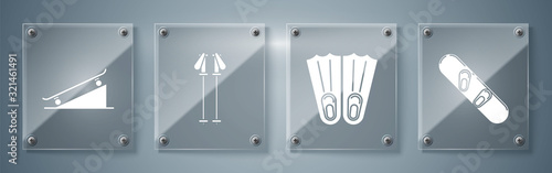 Set Snowboard, Rubber flippers for swimming, Ski poles and Skateboard on street ramp. Square glass panels. Vector