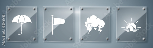 Set Sunrise, Storm, Cone meteorology windsock wind vane and Classic elegant opened umbrella. Square glass panels. Vector
