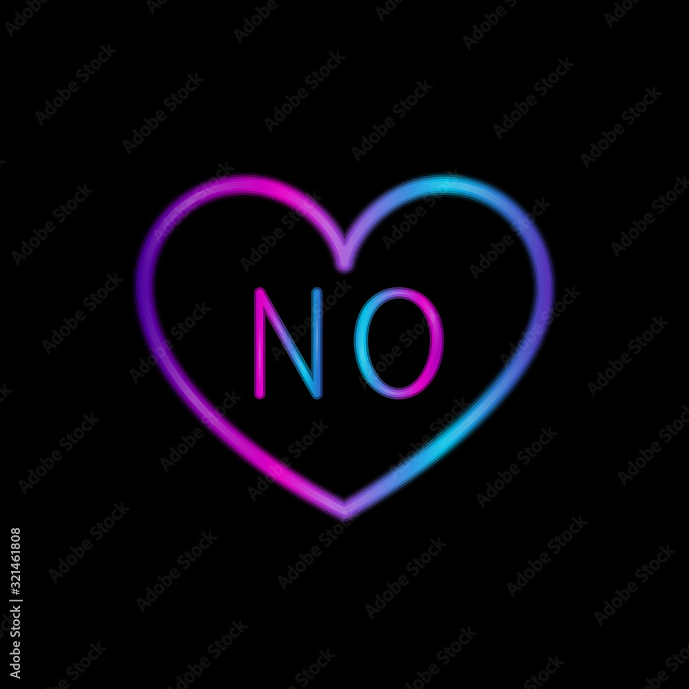 Neon heart with word no on black background. Violet, pink and blue gradient. Vector illustrtaion for web, print, holiday cards and invitations, wallpaper